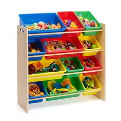 Amazon Basics Kids Toy Storage Organizer With 12 Plastic Bins, Natural Wood With Bright Bins, 10.9" D x 33.6" W x 31.1" H
